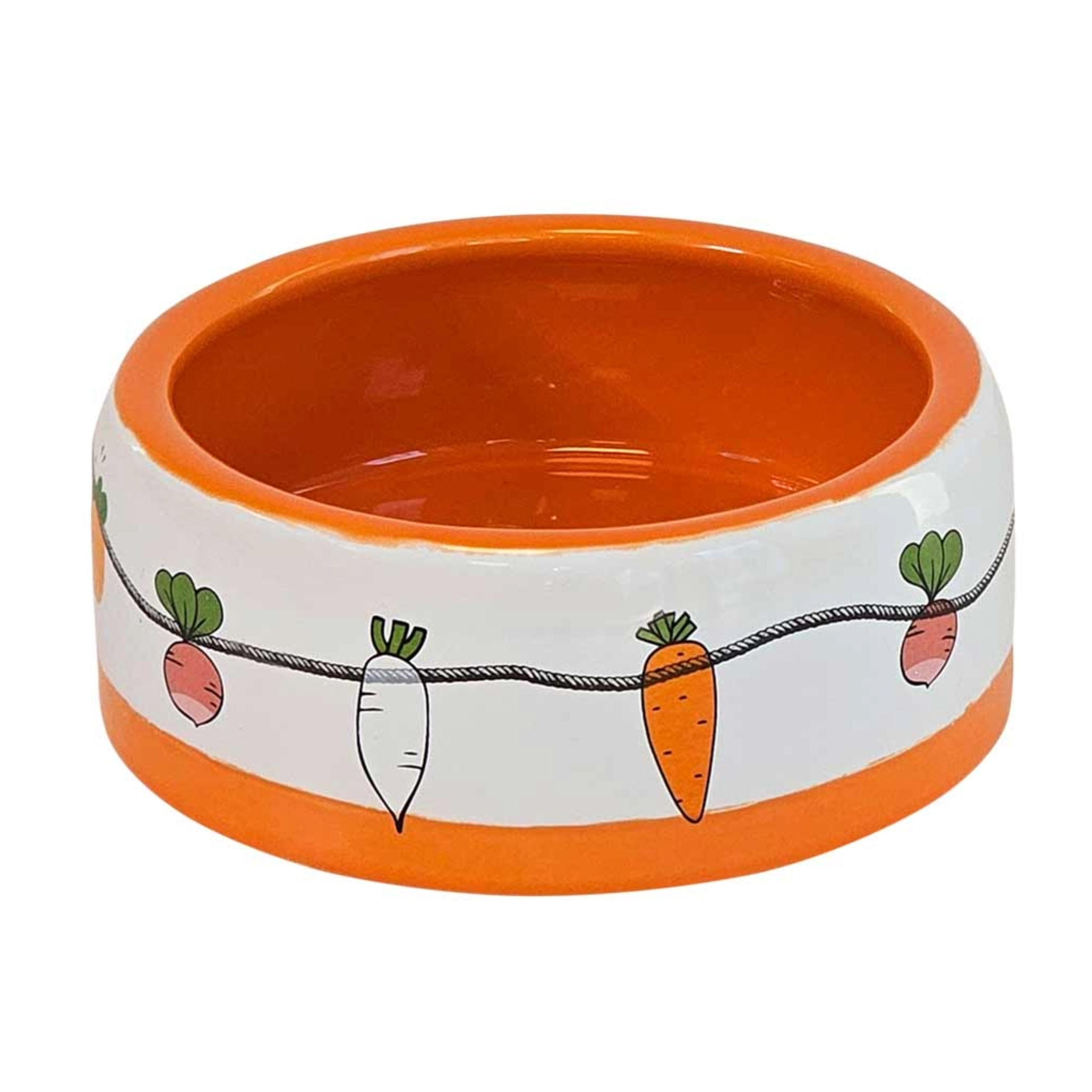 Das Bild zeigt einen glasierten Keramiknapf mit einer orangenen Basis und einem bunten Möhren-Deko-Band.

Bildrechte: Nobby Pet Shop GmbH