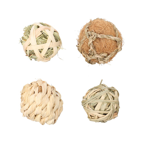 Das Bild zeigt ein Set an Spielbällen aus Naturmaterialien, die Ratten und anderen Nagetieren zum Spielen und Anknabbern dienen.

Bildrechte: Flamingo