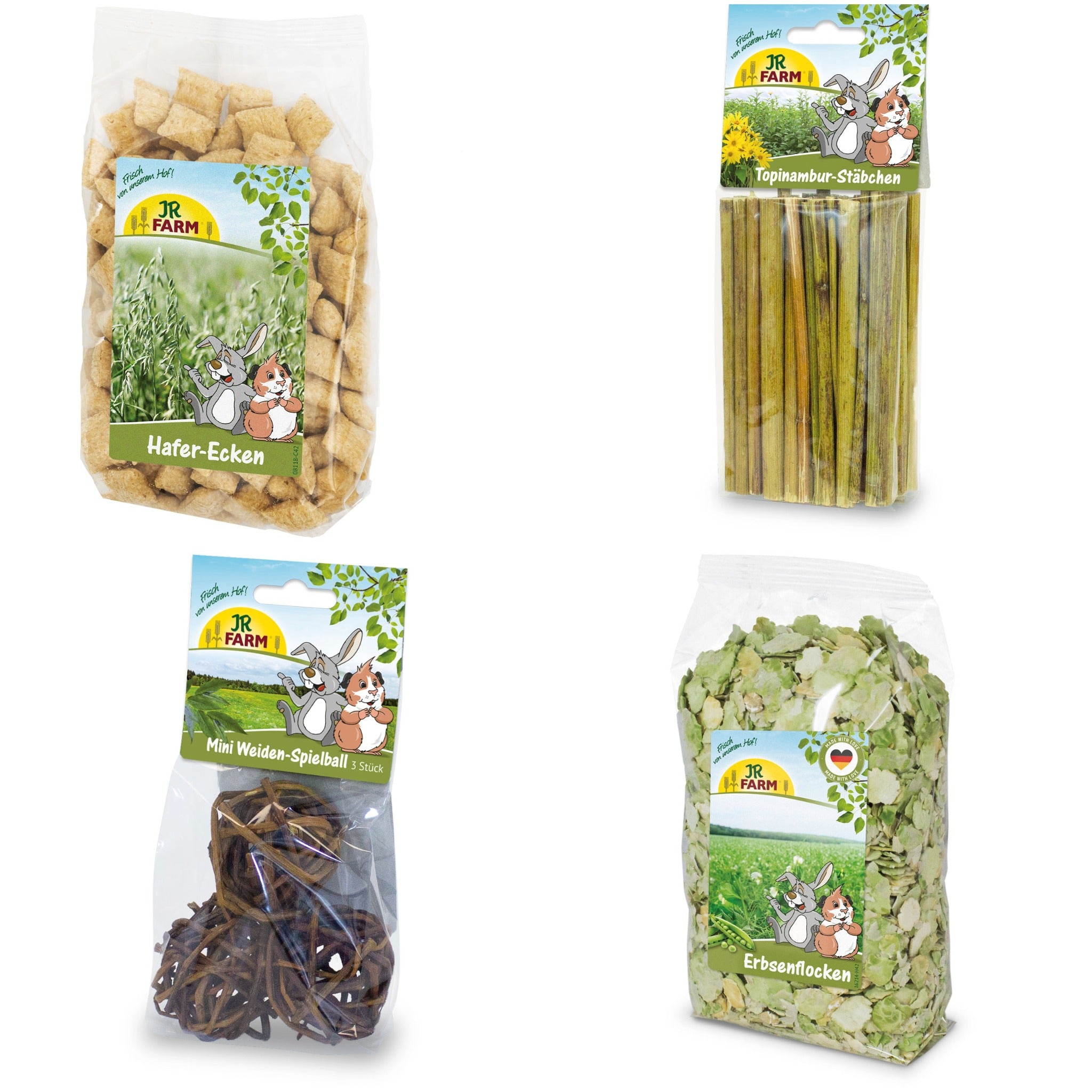Das Bild zeigt vier unterschiedliche Produkte: Haer-Kekse, Topinambur-Stäbchen, drei Weiden-Spiel-Bälle und Erbsen-Flocken. 