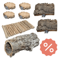 Das Bild zeigt verschiedene Produkte aus Naturmaterialien, wie Korkastsitzscheiben, Korksitzbretter, eine Weidenbrücke sowie eine mittelgroße Korkröhre. 