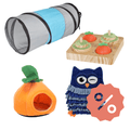 Das Bild zeigt vier Produkte: ein Spieltunnel, ein Futter/Interlligenzspielzeug, ein Kuschenest in Orangen-Form und einen Schnüffelteppich in Eulenform. 