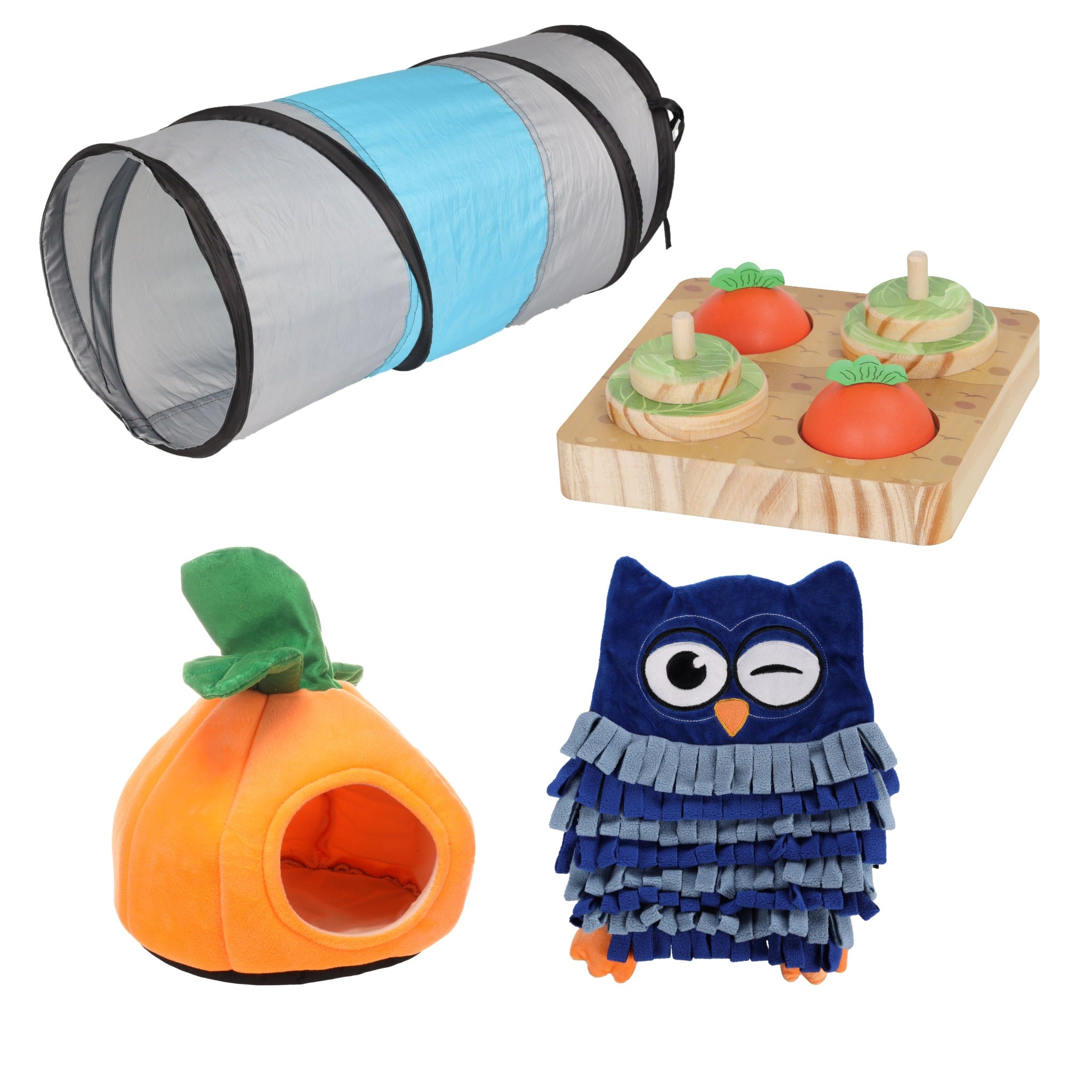 Das Bild zeigt vier Produkte: ein Spieltunnel, ein Futter/Interlligenzspielzeug, ein Kuschenest in Orangen-Form und einen Schnüffelteppich in Eulenform. 