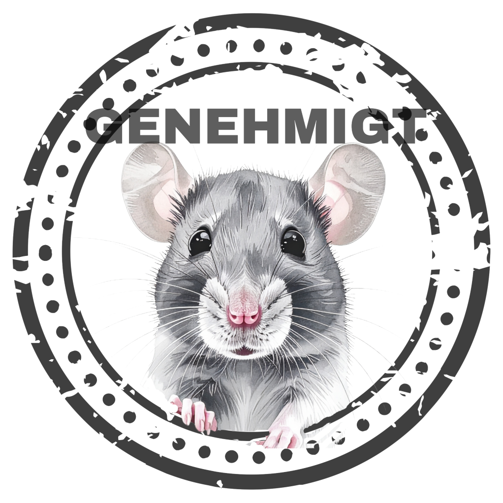 Das Bild zeigt eine Art Gütesiegel mit dem Wort "Genehmigt" oberhalb des Kopfes einer schwarz-weißen Ratte und steht für die Sicherheit und Qualität des von Ratten getesteten Sortiments von rattopia.de .